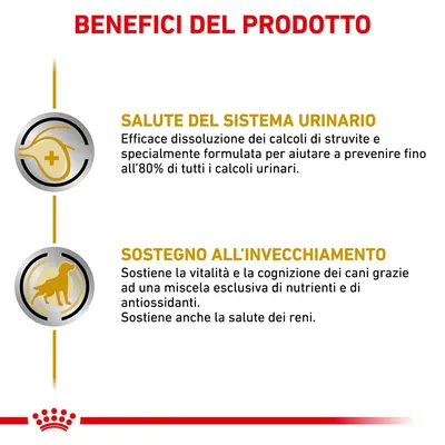 Benefici del prodotto: salute del sistema urinario, efficace dissoluzione dei calcoli di struvite; sostegno all'invecchiamento, vitalità e cognizione dei cani, salute dei reni.