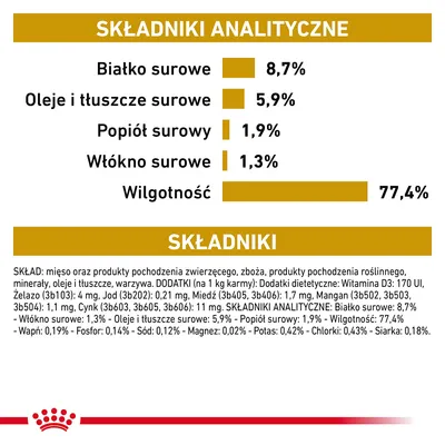 Składniki analityczne: białko surowe 8,7 %, oleje i tłuszcze surowe 5,9 %, popiół surowy 1,9 %, włókno surowe 1,3 %, wilgotność 77,4 %. Widoczny pełny skład produktu.