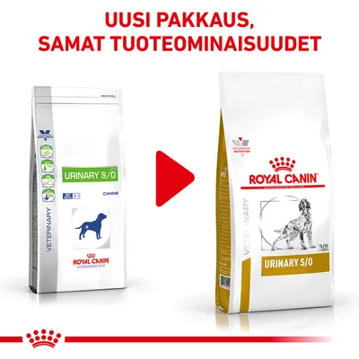 Royal Canin Urinary S/O -koiranruoan vanha ja uusi pakkaus vierekkäin, ylhäällä teksti: Uusi pakkaus, samat tuoteominaisuudet.