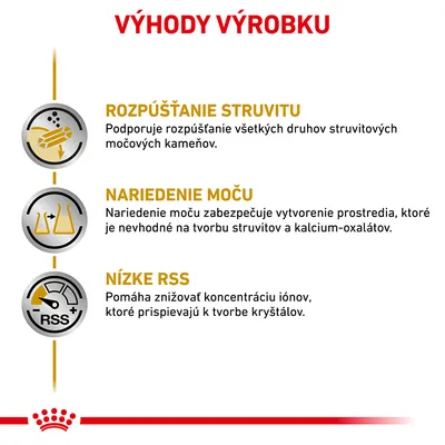 Výhody výrobku: rozpúšťanie struvitu, nariedenie moču, nízke RSS. Podporuje rozpúšťanie močových kameňov, vytvára nevhodné prostredie pre kamene a znižuje koncentráciu iónov.