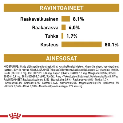 Ravintoaineet: raakavalkuainen 8,1 %, raakarasva 4,0 %, tuhka 1,7 %, kosteus 80,1 %. Ainesosat: liha ja eläinperäiset tuotteet, viljat, kasvivalkuaiset, kivennäisaineet, öljyt, hiivat.