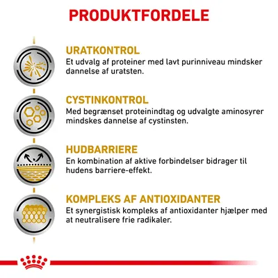PRODUKTFORDELE: URATKONTROL, CYSTINKONTROL, HUDBARRIERE, KOMPLEKS AF ANTIOXIDANTER med forklarende tekst om proteinvalg, aminosyrer, hudbarriere og antioxidanter.
