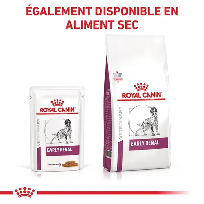 ROYAL CANIN VETERINARY Early Renal pour chien, sachet et sac visibles. Texte : ÉGALEMENT DISPONIBLE EN ALIMENT SEC.