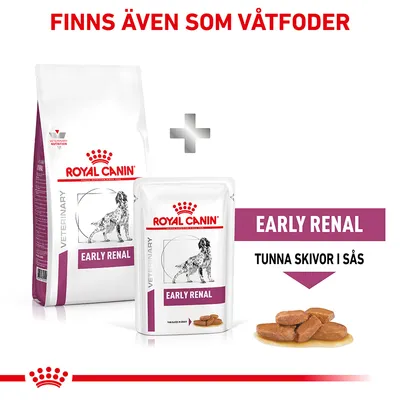 Royal Canin Veterinary Early Renal torrfoderpåse och våtfoderpåse för hund, text: 'Finns även som våtfoder', 'Early Renal', 'Tunna skivor i sås'. Bild på foderbitar i sås.