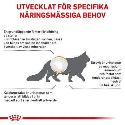 Utvecklat för specifika näringsmässiga behov. Information om urinstenar hos katt: struvit av magnesium, ammonium och fosfat samt kalciumoxalat. Överskott av mineraler kan orsaka stenar.