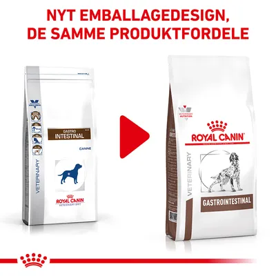Nyt emballagedesign for Royal Canin Gastrointestinal hundefoder. Samme produktfordele. Billede viser gammel og ny pose med teksten 'GASTROINTESTINAL'.