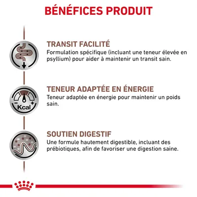 BÉNÉFICES PRODUIT : transit facilité, teneur adaptée en énergie, soutien digestif. Détails : formulation avec psyllium, énergie pour poids sain, formule digestible avec prébiotiques.