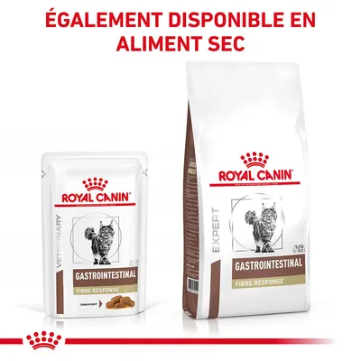 ROYAL CANIN GASTROINTESTINAL FIBRE RESPONSE pour chat, sachet et sac visibles. Texte en haut : ÉGALEMENT DISPONIBLE EN ALIMENT SEC.
