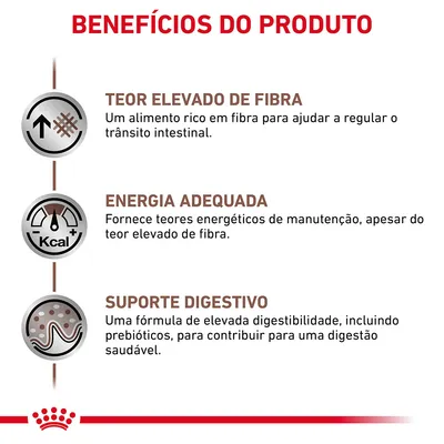Benefícios do produto: teor elevado de fibra, energia adequada e suporte digestivo. Inclui explicações sobre cada benefício visível na imagem.