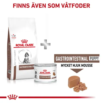 Royal Canin Gastrointestinal Puppy torrfoderpåse och våtfoderburk. Text: FINNS ÄVEN SOM VÅTFODER, GASTROINTESTINAL PUPPY, MYCKET MJUK MOUSSE.