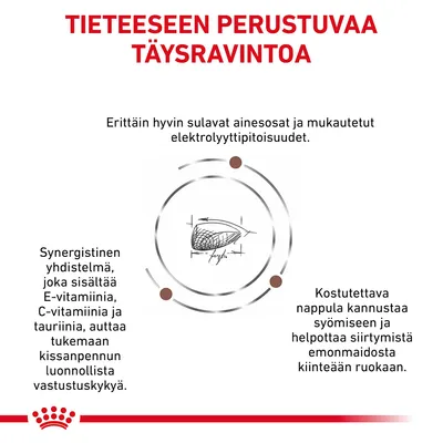 Tieteeseen perustuvaa täysravintoa. Erittäin hyvin sulavat ainesosat, mukautetut elektrolyyttipitoisuudet, E- ja C-vitamiinia sekä tauriinia, kostutettava nappula kissanpennuille.