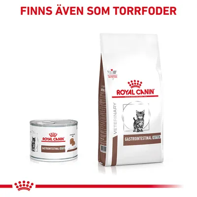 Royal Canin Gastrointestinal Kitten våtfoderburk och torrfoderpåse. Text ovan: Finns även som torrfoder.