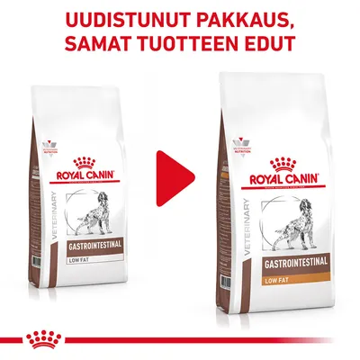 Royal Canin Gastrointestinal Low Fat -koiranruoka, vanha ja uusi pakkaus vierekkäin. Ylhäällä teksti: Uudistunut pakkaus, samat tuotteen edut.