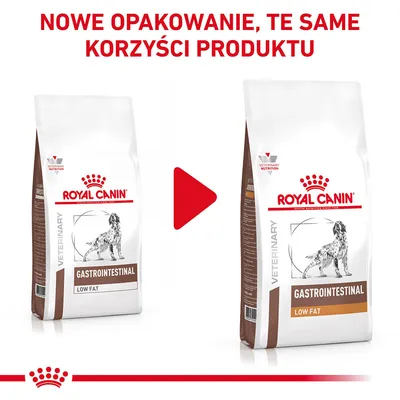 Nowe opakowanie karmy Royal Canin Gastrointestinal Low Fat; po lewej stare, po prawej nowe. Widoczny napis: Nowe opakowanie, te same korzyści produktu.