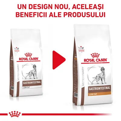 Royal Canin Gastrointestinal Low Fat pentru câini, ambalaj vechi și nou. Text: Un design nou, aceleași beneficii ale produsului.