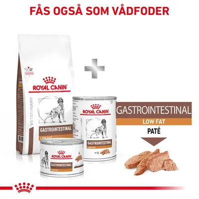 Royal Canin Gastrointestinal Low Fat tør- og vådfoder til hund, dåser og pose med tekst: Fås også som vådfoder, GASTROINTESTINAL LOW FAT PATÉ. Billede af paté.