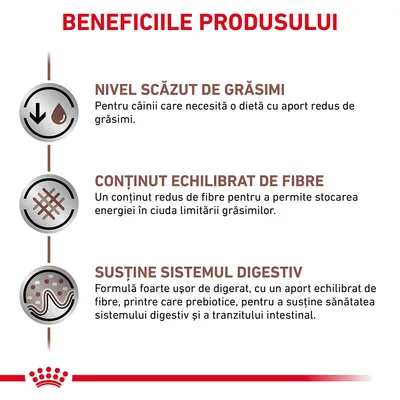Beneficiile produsului: nivel scăzut de grăsimi, conținut echilibrat de fibre, susține sistemul digestiv. Text explicativ pentru fiecare beneficiu este inclus în imagine.