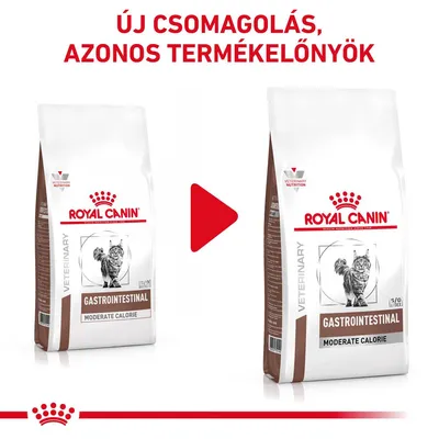 Új csomagolás, azonos termékelőnyök. Royal Canin Gastrointestinal Moderate Calorie macskaeledel régi és új csomagolása egymás mellett.