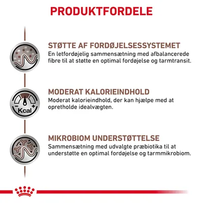 PRODUKTFORDELE: STØTTE AF FORDØJELSESSYSTEMET, MODERAT KALORIEINDHOLD, MIKROBIOM UNDERSTØTTELSE. Beskrivelser om fordøjelse, kalorieindhold og præbiotika synlige.