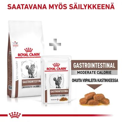 Royal Canin Gastrointestinal Moderate Calorie -kissanruoka, saatavana myös säilykkeenä. Ohuita viipaleita kastikkeessa.