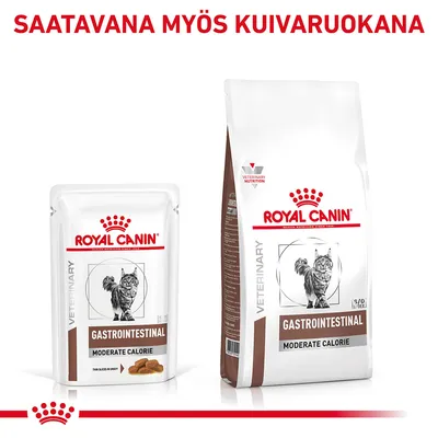Royal Canin Gastrointestinal Moderate Calorie -kissanruokapakkaus ja pussi. Teksti: SAATAVANA MYÖS KUIVARUOKANA.