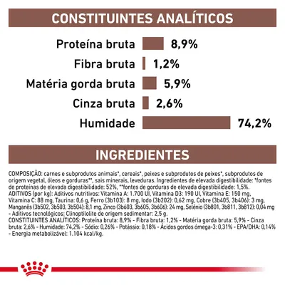Constituintes analíticos: proteína bruta 8,9 %, fibra bruta 1,2 %, matéria gorda bruta 5,9 %, cinza bruta 2,6 %, humidade 74,2 %. Ingredientes e aditivos detalhados visíveis.