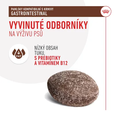 Pamlsky kompatibilní s krmivy Gastrointestinal. Vyvinuté odborníky na výživu psů. Nízký obsah tuku, s prebiotiky a vitaminem B12. Obrázek pamlsku.