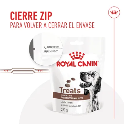 Envase de Royal Canin Treats 230 g con cierre zip fácil de abrir y volver a cerrar. Compatible with gastrointestinal diets, bajo en grasa, prebióticos y vitamina B12.
