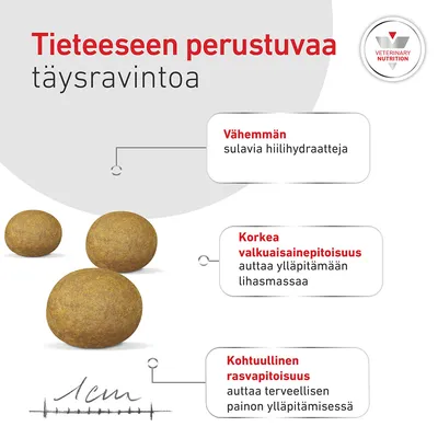Kuivaruokarakeet, joissa on teksti: Vähemmän helposti sulavia hiilihydraatteja, korkea proteiinipitoisuus lihasmassan ylläpitämiseksi, kohtuullinen rasvapitoisuus painonhallintaan. Mittakaava 1 cm. Kuivaruokarakeet, joissa on teksti: Vähemmän helposti sulavia hiilihydraatteja, korkea proteiinipitoisuus lihasmassan ylläpitämiseksi, kohtuullinen rasvapitoisuus painonhallintaan. Mittakaava 1 cm.