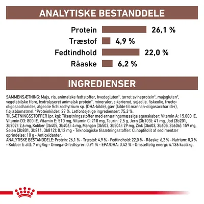 Analytiske bestanddele: Protein 26,1 %, Træstof 4,9 %, Fedtindhold 22,0 %, Råaske 6,2 %. Ingrediensliste og tilsætningsstoffer synlige under næringsværdierne.