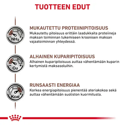 TUOTTEEN EDUT: Mukautettu proteiinipitoisuus, alhainen kuparipitoisuus, runsaasti energiaa. Selitykset jokaiselle ominaisuudelle näkyvissä kuvateksteissä.