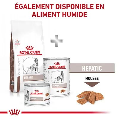 Royal Canin HEPATIC croquettes et aliments humides pour chien, également disponible en mousse. Texte visible : ÉGALEMENT DISPONIBLE EN ALIMENT HUMIDE, HEPATIC, MOUSSE.