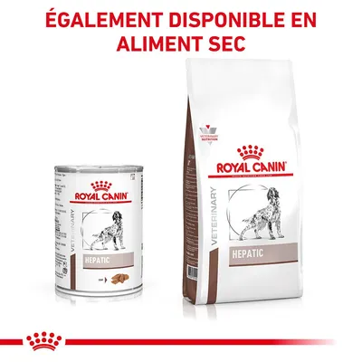 ROYAL CANIN VETERINARY HEPATIC pour chien, boîte et sac visibles. Texte en haut : ÉGALEMENT DISPONIBLE EN ALIMENT SEC.