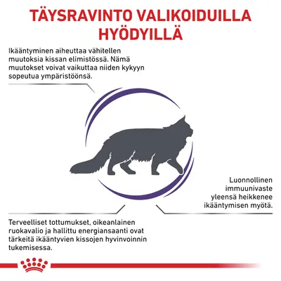 TÄYSRAVINTO VALIKOIDUILLA HYÖDYILLÄ. Ikääntyminen aiheuttaa muutoksia kissan elimistössä, immuunivaste heikkenee, terveellinen ruokavalio tukee ikääntyvien kissojen hyvinvointia.
