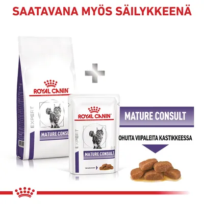 Royal Canin Expert Mature Consult kissanruoka, saatavana myös säilykkeenä. Pakkauksissa teksti: MATURE CONSULT, ohuita viipaleita kastikkeessa.