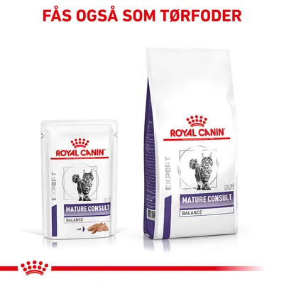ROYAL CANIN EXPERT MATURE CONSULT BALANCE vådfoder og tørfoder til kat, tekst: Fås også som tørfoder. Billede af kat på begge pakker.