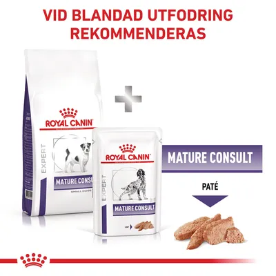Royal Canin Expert Mature Consult torrfoder och våtfoder för hund, text: Vid blandad utfodring rekommenderas, Mature Consult, Paté. Bild på foderbitar.