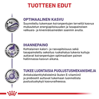 TUOTTEEN EDUT: Optimaalinen kasvu, ihannepaino ja tukee luontaisia puolustusmekanismeja. Teksti kuvaa koiranpentujen kasvua, painonhallintaa ja puolustuskyvyn tukemista.
