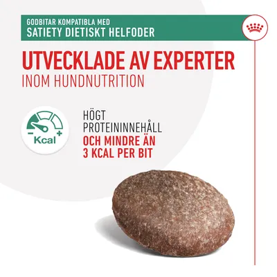 Godbitar kompatibla med Satiety dietiskt helfoder. Utvecklade av experter inom hundnutrition. Högt proteininnehåll och mindre än 3 kcal per bit.