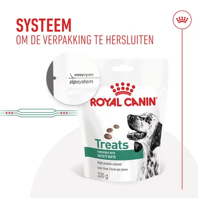 Royal Canin Treats 230 g met easyopen zipsystem. Systeem om de verpakking te hersluiten. High protein content, less than 3 kcal per piece, compatible with satiety diets.