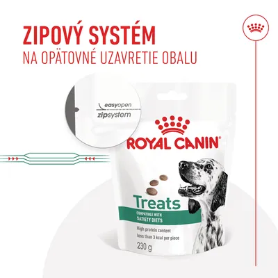 ROYAL CANIN Treats 230 g, zipový systém na opätovné uzavretie obalu, easyopen zipsystem, high protein content, less than 3 kcal per piece, compatible with satiety diets.