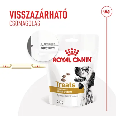 Royal Canin Treats 230 g, visszazárható csomagolás, easyopen zipsystem felirattal. Compatible with Urinary S/O Diets, Optimised mineral content látható a csomagon.