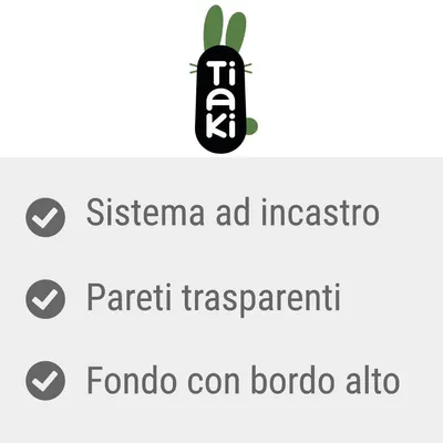 Tiaki. Sistema ad incastro, pareti trasparenti, fondo con bordo alto.