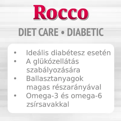 Rocco DIET CARE DIABETIC. Ideális diabétesz esetén, a glükózellátás szabályozására, ballasztanyagok magas részarányával, omega-3 és omega-6 zsírsavakkal.