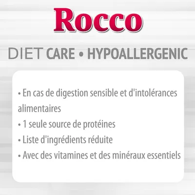 Rocco DIET CARE HYPOALLERGENIC. En cas de digestion sensible et d'intolérances alimentaires, 1 seule source de protéines, liste d'ingrédients réduite, avec vitamines et minéraux essentiels.