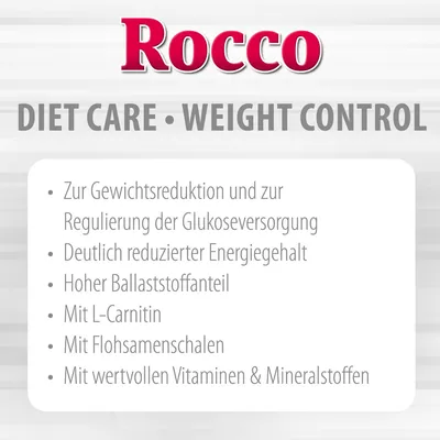 Rocco Diet Care Weight Control. Za smanjenje tjelesne mase i regulaciju opskrbe glukozom, smanjena energetska vrijednost, visok udio vlakana, s L-karnitinom, ljuskama indijskog trputca, vitaminima i mineralima.