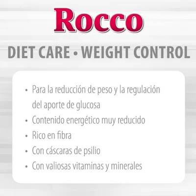 Rocco DIET CARE WEIGHT CONTROL. Para la reducción de peso y regulación del aporte de glucosa, contenido energético muy reducido, rico en fibra, cáscaras de psilio, vitaminas y minerales.