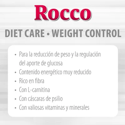 Rocco Diet Care Weight Control: para la reducción de peso y regulación de glucosa, contenido energético muy reducido, rico en fibra, L-carnitina, cáscaras de psilio, vitaminas y minerales.