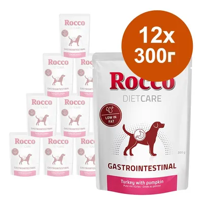Rocco Diet Care Gastrointestinal, 12 x 300 г паучове. Видими надписи: Low in fat, Turkey with pumpkin. Опаковка с изображение на куче.