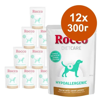 Пакетчета Rocco Diet Care Hypoallergenic, 12 x 300 г. Видим текст: Single source of animal protein, Horse with sweet potato.